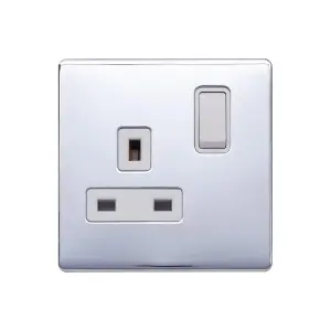 Polished Chrome Screwless Plate 13A 1 Gang Switched Plug Socket, Double Pole - White Trim - SE Home