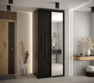 Modern Black Cannes XIII Sliding Wardrobe H2050mm W1000mm D600mm with Custom Black Steel Handles and Decorative Strip