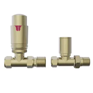 Rinse Bathrooms Thermostatic Radiator Valve 15mm Straight Radiator TRV + Lockshield for Heated Towel Rail Radiator Brushed Brass