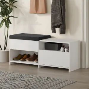 Decortie Modern Filux Shoe Bench Rack White Sliding Fabric Seat and 120.3(W) Storage Cabinet 2-Tier Open Shelves Hallway