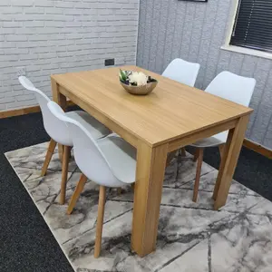 Dining Table and 4 Chairs Oak Effect Wood 4 White Plastic Leather Chairs Dining Room