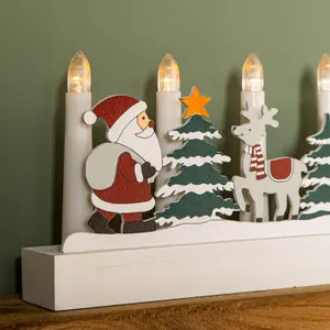 28cm Battery Operated Light up White Wooden Christmas Candle Bridge with Santa Scene and 5 LEDs