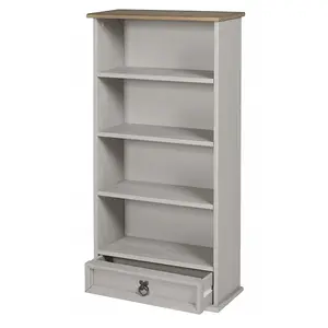 Mercers Furniture Corona Grey Wax 1 Drawer Media Rack DVD Small Bookcase 4 Shelf Display Storage Unit Solid Pine Mexican Styling