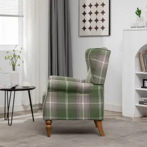 Wingback Tartan Armchair Soft Padded Retro Check Leisure Chair Fabric Lounge for Living Room Bedroom - Green