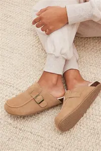 Womens Next Tan Brown Suede Buckle Mule Slippers - Tan Brown