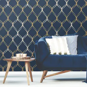 World of Wallpaper Clifton Wave Geometric Wallpaper Navy/Gold (WOW41964-BUR)