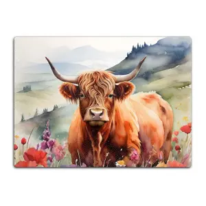 Textured Glass Chopping Board Watercolour Highland Cow - Medium