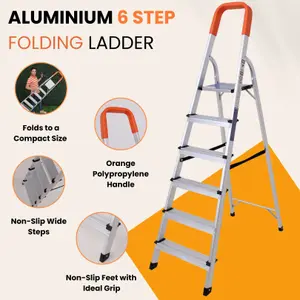 Lightweight Step Ladders 6 Step 167 cm, Max Load 150 kg - Compact Aluminium Portable Stepladder - Heavy Duty Tall Folding Ladder