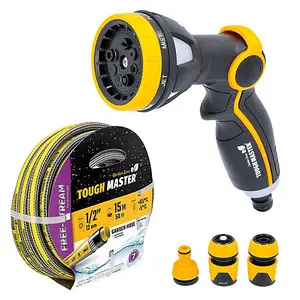 TOUGH MASTER Garden Hose Pipe Reinforced 15m / 50ft With Multi Spray Gun Starter Set 8 function spray gun