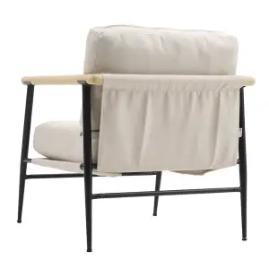 Beige Linen Armchair with Thick Cushion and Metal Frame