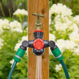 Garden Tap 3-Way Adaptor with Dial Operation - Outdoor Tap Splitter Water Distributor with 2 Hosepipe Connections & Central Tap