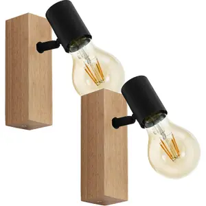 2 PACK Wall Light Colour Brown Wood Back Plate Black Bulb Holder Bulb E27 10W