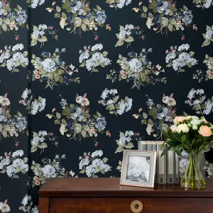 Laura Ashley Rosemore Midnight seaspray Floral Smooth Wallpaper