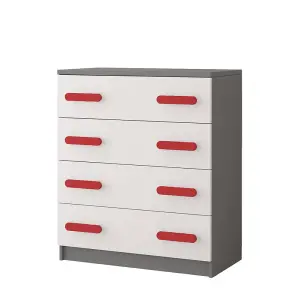 Bold White and Grey Chest of Drawers H930mm W800mm D400mm - Red Handles for Dynamic Kids' Spaces