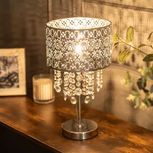 ValueLights Enna Silver Moroccan Style Bedside Table Lamp with Acrylic Jewel Droplet Drum Lampshade - Bulb Included