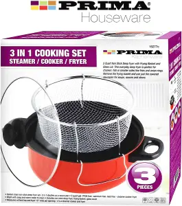 3 in 1 Prima Deep Fryer Cooking Set Home Kitchen Chef Food Red Cooker Chip Fry Pan Non Stick Pot Steamer Basket Glass Lid