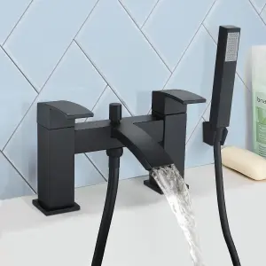 Bathroom WATERFALL Black Matt Basin Sink Mono Mixer & Bath Shower Mixer Tap Lever Tap