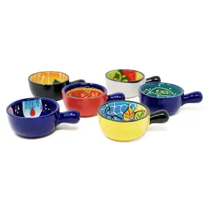 Classic Spanish Hand Painted Kitchen Dining Set of 6 Small Tapas Dishes w/ Handles (Diam) 8.5cm