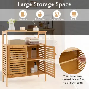 Costway Bamboo Side Storage Organizer Bathroom Floor Cabinet w/ Double Doors