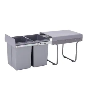 Grey 2 x 20L Rectangular Integrated Kitchen Pull Out Bin Waste and Recycling Bin for Cabinet Under Counter Storage