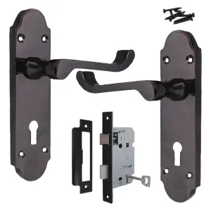 Epsom Door Handle Key Lock Scroll Lever - Black Nickel Pack