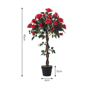 Red Artificial Rose Flower Tree Fake Plant House Plant in Black Pot H 90 cm