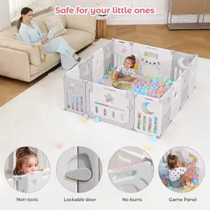 12+2 Panel Baby Foldable Playpen with Safety Gate 25 Sq.ft - Grey White