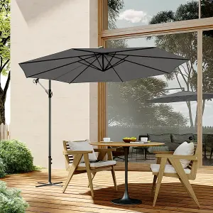 3M Large Rotatable Garden Sun Shade Cantilever Parasol Patio Hanging Banana Umbrella Crank Tilt with Cross Base, Dark Grey