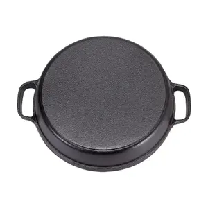 Black Round Pre Seasoned Cast Iron Kitchen Skillet Pan with Double Handles Dia 32cm