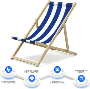 Folding Wood Deck Chair Wooden Beach Chair Seaside Sun Lounger Outdoor Garden Recliner Folding Deck Chair - Blue & White