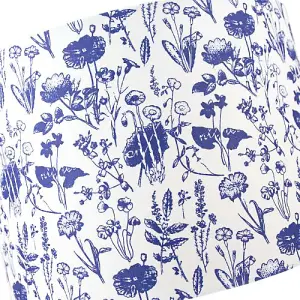 White Cotton 12 Drum Lamp Shade with Blue Floral Decoration and Inner Lining