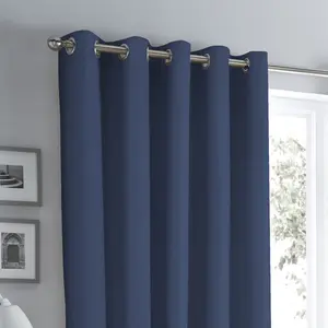 Cotton Blend Room Darkening Grommet / Eyelet Curtain Pair (Set of 2) Blue / Width 117 x Drop 183 cm