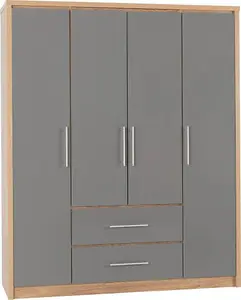 Seville 4 Door 2 Drawer Wardrobe Grey High Gloss and Light Oak Effect Veneer