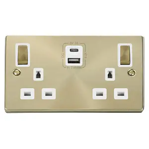 Satin / Brushed Brass 2 Gang 13A DP Ingot Type A & C USB Twin Double Switched Plug Socket - White Trim - SE Home