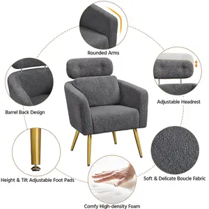 Yaheetech Dark Grey Boucle Barrel Accent Chair with Adjustable Headrest