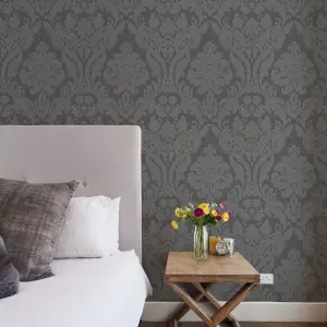 GoodHome Chalfont Charcoal Glitter effect Damask Textured Wallpaper