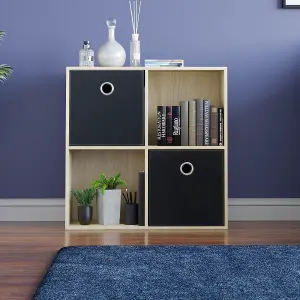 Vida Designs Durham Oak 2x2 Cube Storage Unit & Set of 2 Black Foldable Cube Storage Baskets