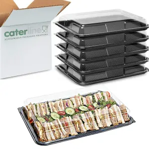 Caterline 5 x Large Catering Platters & Lids / Sandwich Platters (L450mm x W310mm x 75mm) Reusable Plastic Serving Platters