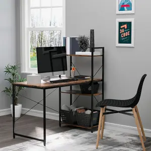 HOMCOM Computer Desk Laptop Table w/4-tier Bookshelf Metal Frame Brown, Black