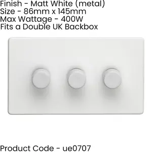 2 PACK 3 Gang Dimmer Switch 2 Way LED SCREWLESS MATT WHITE Light Dimming Wall