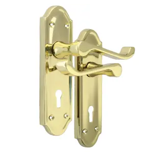 Ashford Door Handle Key Lock Scroll Lever - Polished Brass Key Lock Hinge Pack