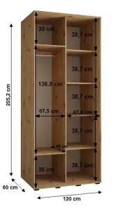 Rustic Oak Artisan Sliding Door Wardrobe H2050mm W1200mm D600mm with Black Steel Handles and Decorative Strips