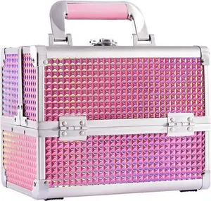 Joligrace Makeup Box Vanity Case Cosmetic Organiser Box Beauty Storage Train Case With Mirror, Lockable With Keys, Holographic Pink