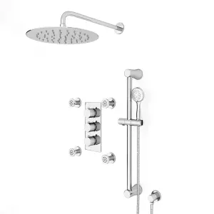 Flora Round 3 Way Concealed Thermostatic Shower Mixer Valve,Head, Handset, Slider Rail kit, Body Jets Set Chrome