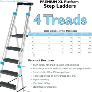 0.8m XL Platform Step Ladders 4 Tread Anti Slip Steps & Tool Tray Aluminium