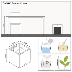 LECHUZA CANTO Stone 30 Low Stone Grey Floor Self-watering Planter with Substrate and Water Level Indicator H30 L30 W30 cm, 12L