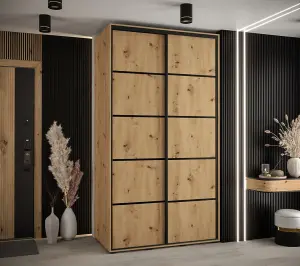 Cannes IV Elegant Oak Artisan Sliding Door Wardrobe 1400mm H2050mm D600mm with Black Steel Handles and Decorative Strips