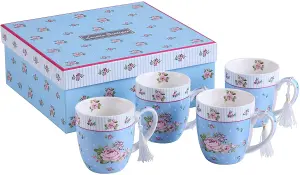 Cups Mugs Set 4 Fine China Shabby Chic Vintage Retro Design in Gift Box 330ML (Rose Blue)