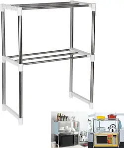 MantraRaj 2 Tier Microwave Oven Rack Stand Shelf Stainless Steel Shelves Rack for Storage Kitchen Organizer Expandable with 6 Hook