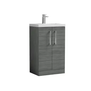 Compact Floor Standing 2 Door Vanity Basin Unit with Ceramic Basin - 500mm - Woodgrain Anthracite